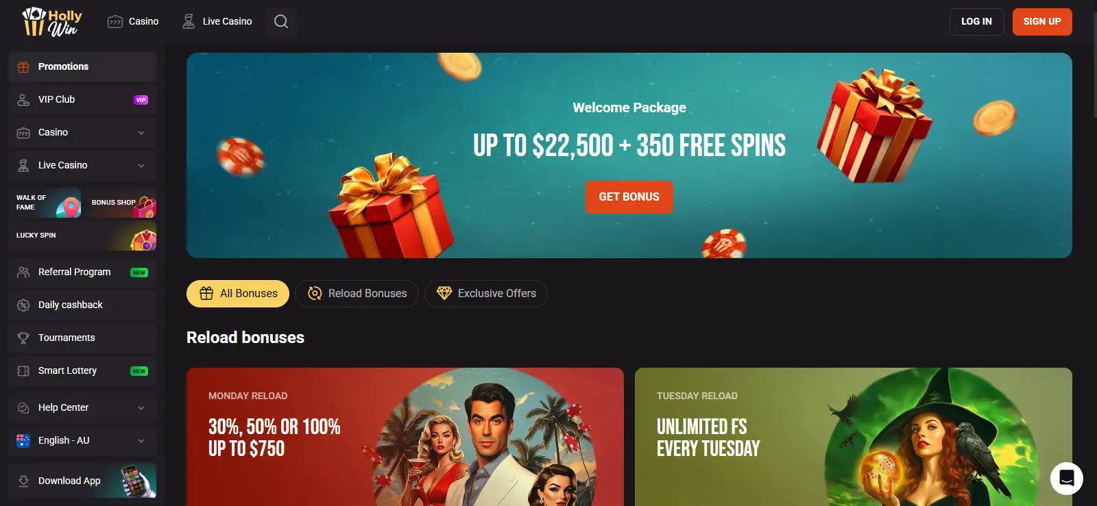 Current HollyWin promotions area for Australian users