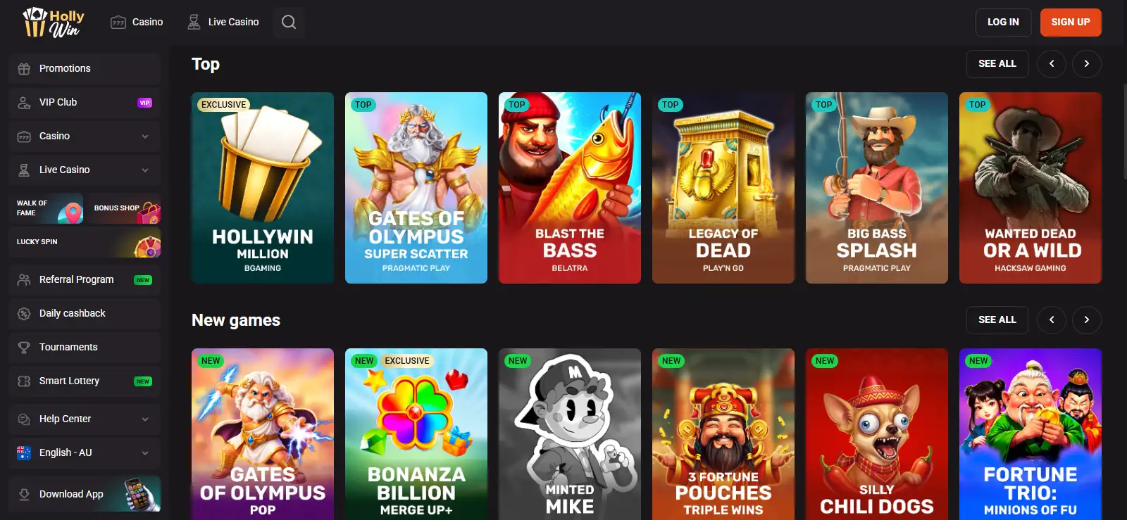 HollyWin Australia-localised homepage or casino lobby