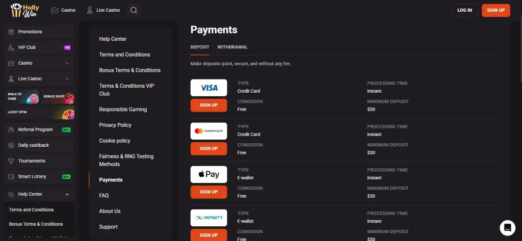 HollyWin Australia payments page showing current deposit methods