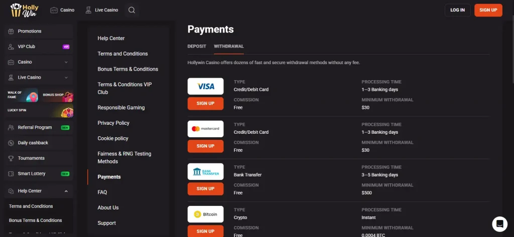 HollyWin Australia withdrawal methods and payout timing table