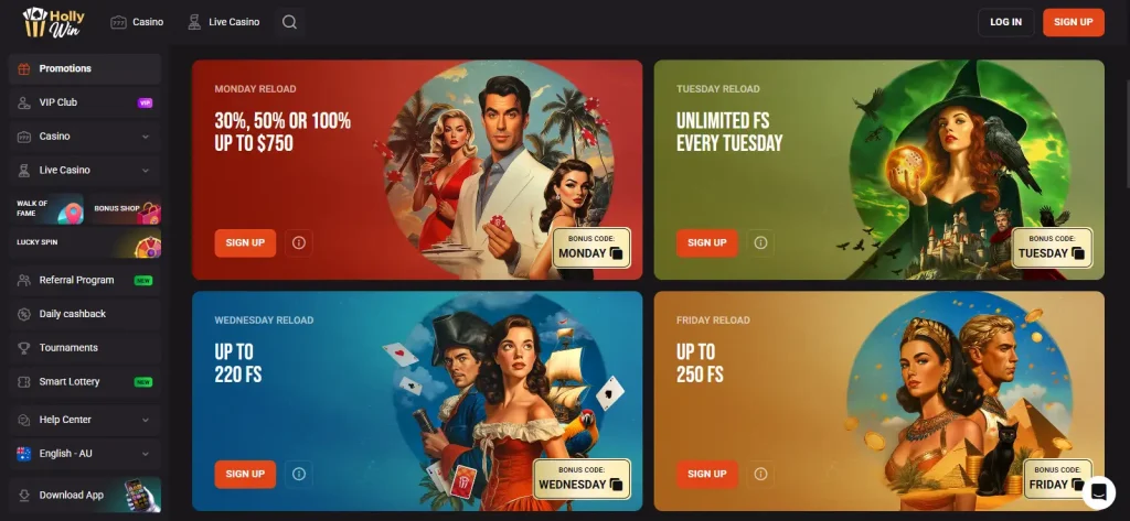 HollyWin Australian promotions page showing current reload bonus codes