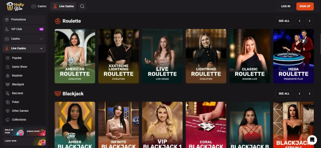 HollyWin live casino lobby showing real dealer tables and category navigation