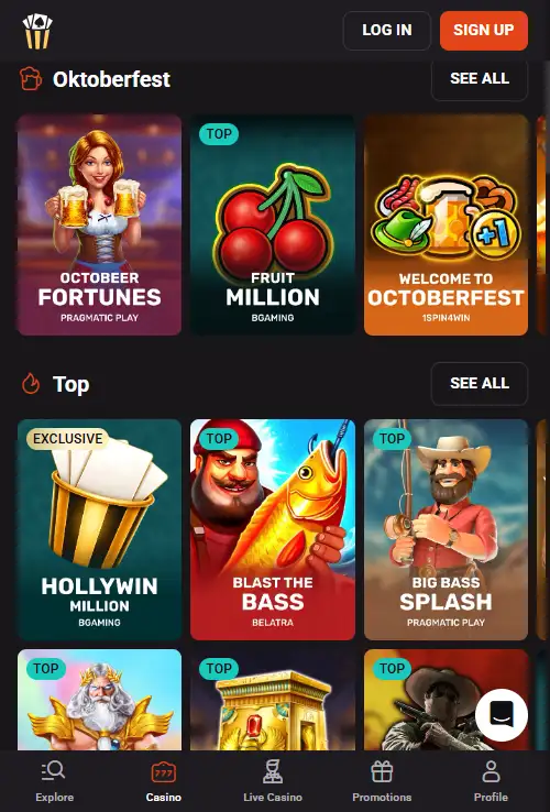HollyWin mobile homepage and official app download area