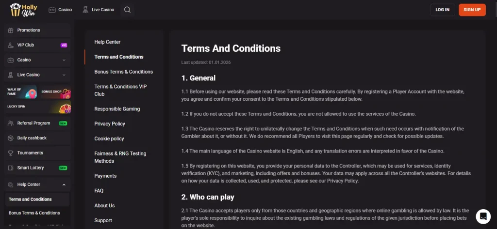 Official HollyWin KYC terms or documents interface